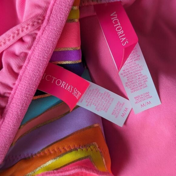 Victoria's Secret Y2K Vintage Rainbow Foil Ruffle Chevron Stripe Bikini Set NWOT - Picture 8 of 10